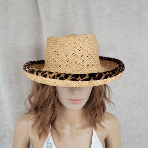 Vintage Straw Ratan Raffia Sun Hat with Velour Leopard Animal Print Edge Trim - Picture 1 of 11